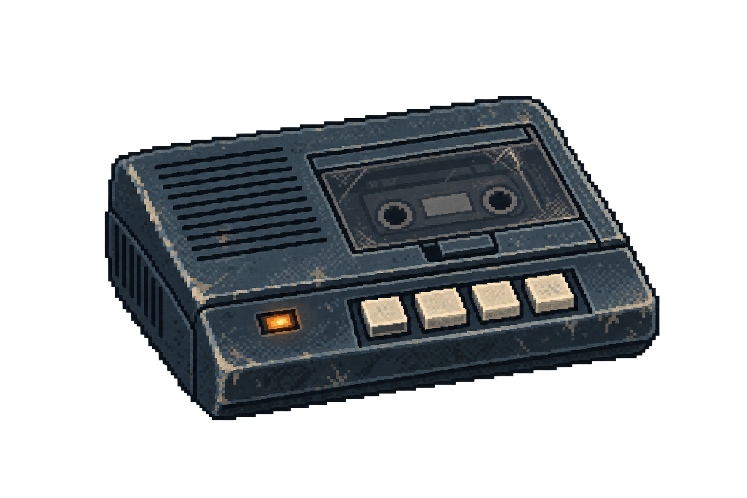 A worn cassette answering machine with an amber indicator