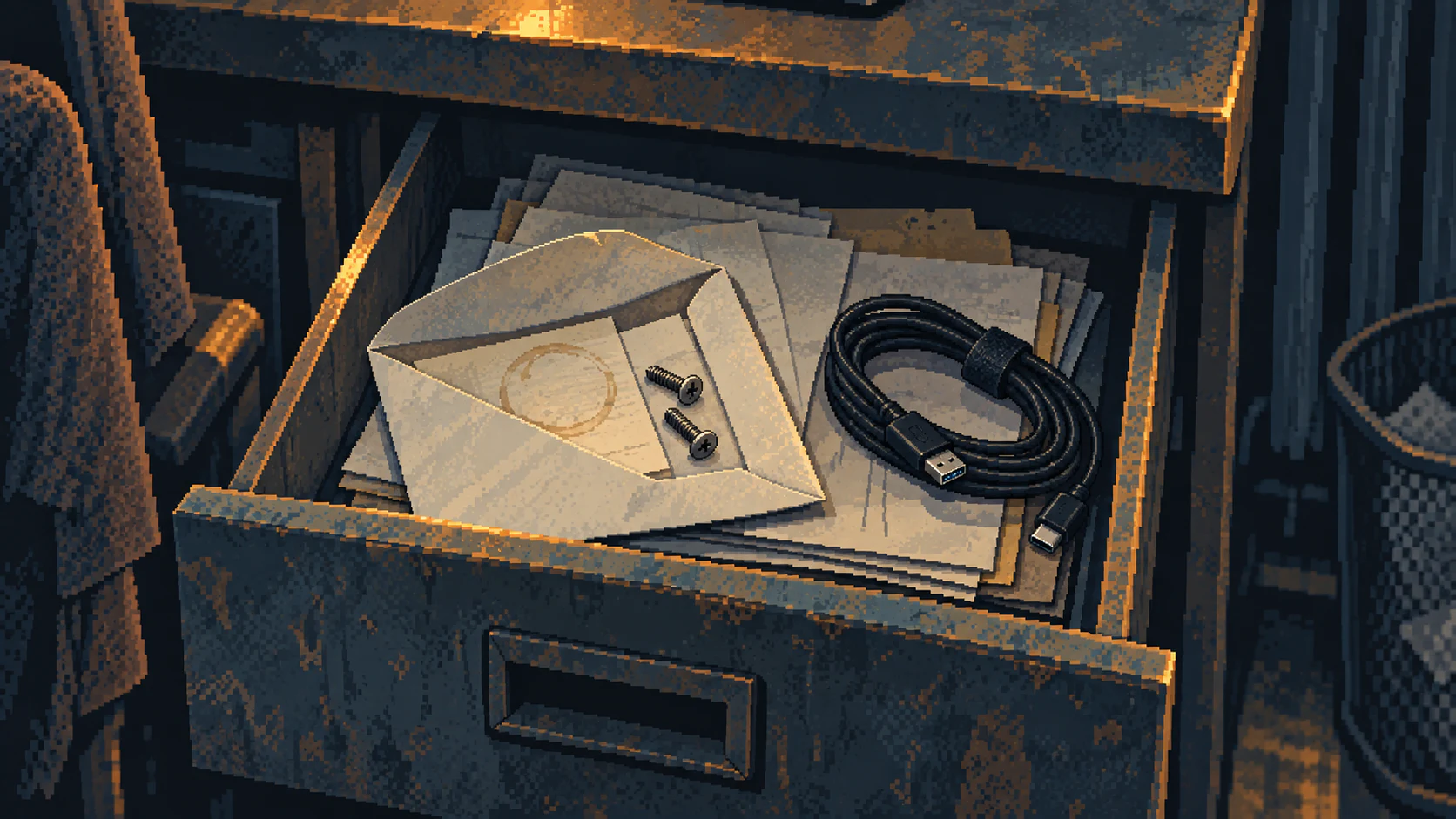 An open worn drawer with a paper envelope containing a receipt and two spare screws, a charging lead, and older expense paperwork.