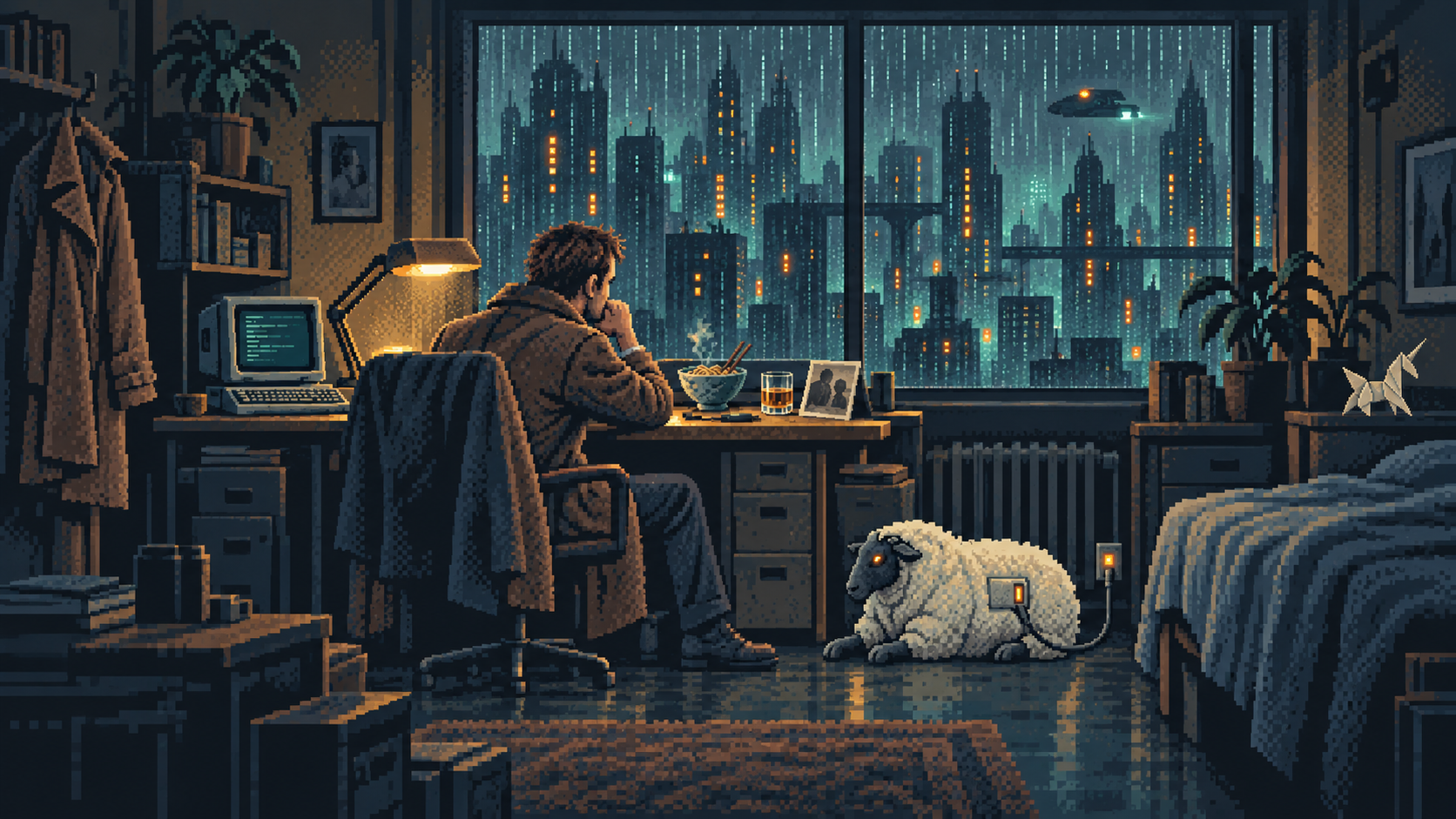 Deckard sits at his desk overlooking a rainy city. His electric sheep charges beside him.