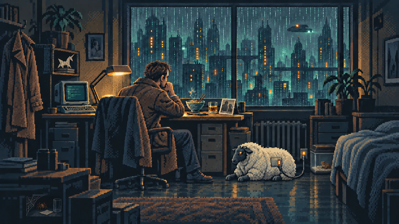 Deckard sits at his desk overlooking a rainy city. His electric sheep charges beside him.