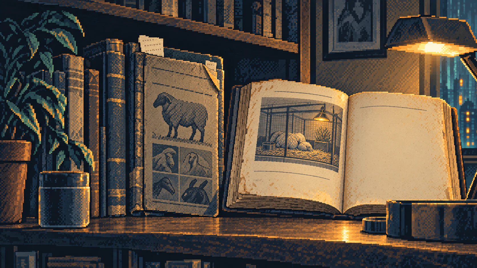 Worn books, an animal catalogue with folded corners, and a care manual on Deckard’s shelf.