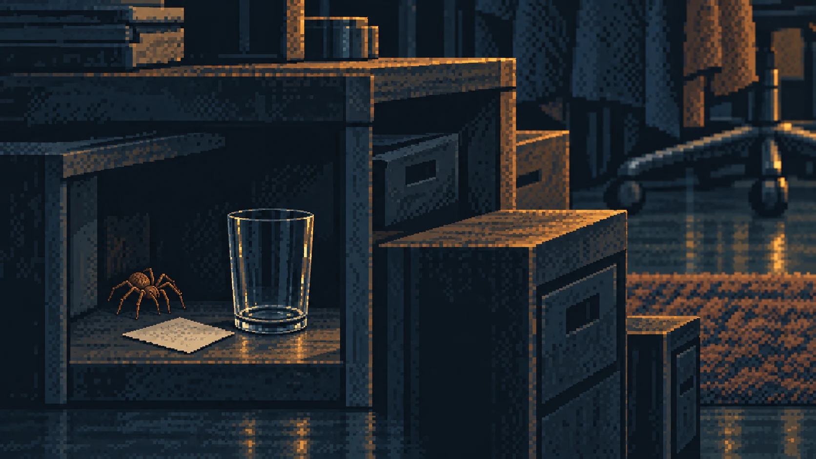 A small spider in a shelf corner, with a glass and a clean piece of paper nearby.