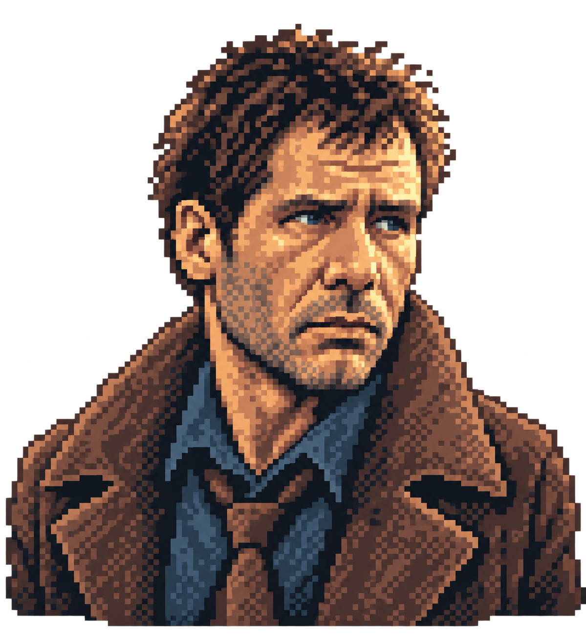 Pixel portrait of Rick Deckard in a weathered brown coat