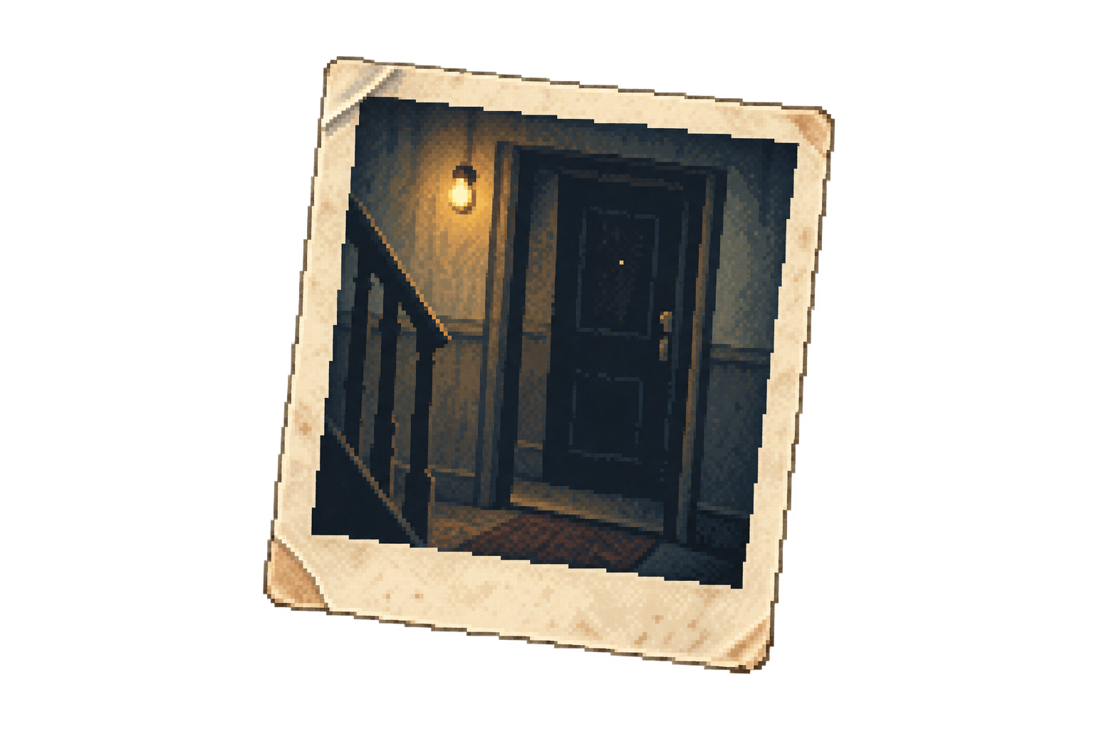 A worn photograph of an indistinct apartment doorway
