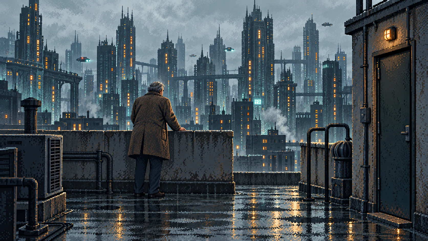 Mara’s father stands by the roof parapet in his coat, looking across the wet city. He rests one hand on the wall.