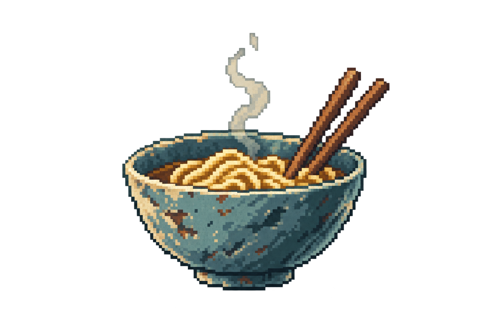 A battered teal bowl of noodles with wooden chopsticks